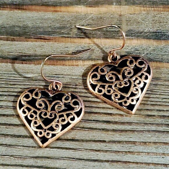 Rustic Antique Copper Modern Filigree Scroll Cutout Heart Earrings - Picture 1 of 6